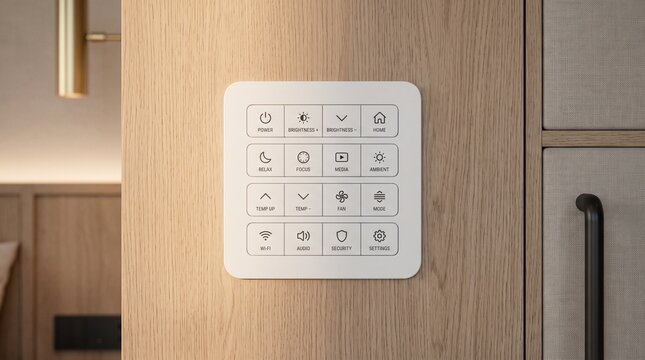 Minimalist smart home control panel on wooden kitchen cabinet
