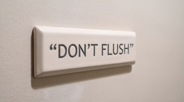 A ceramic sign with the text don't flush mounted on a beige wall in a restroom interior with shallow depth