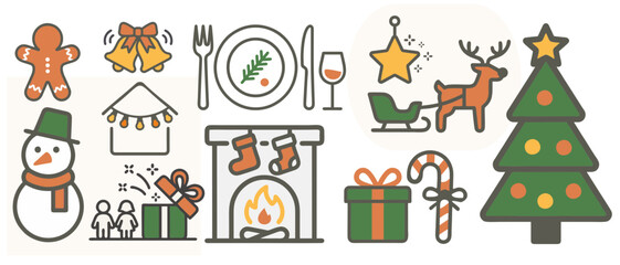 Fototapeta premium Christmas-themed illustrations featuring festive symbols and decor in rustic coloures