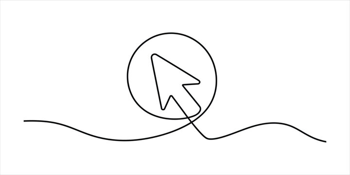 Continuous single line drawing of computer mouse cursor inside a circle icon symbol