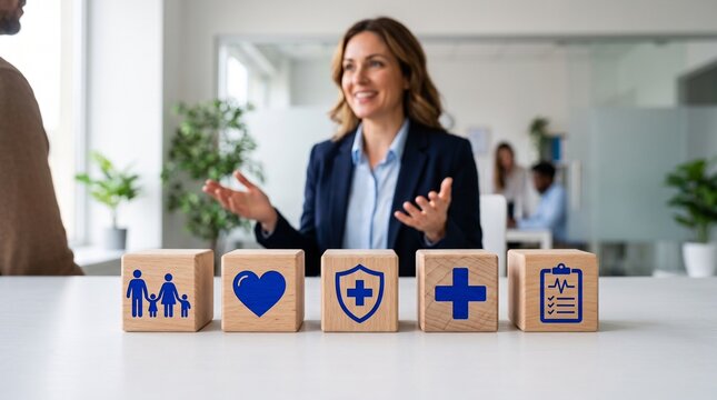 Female insurance agent explaining family healthcare plan options with wooden blocks displaying medical protection icons in modern office background.   