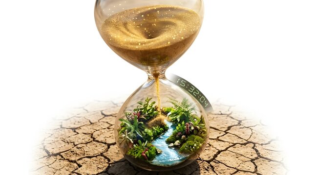 Environmental Clock Ticking: An hourglass metaphorically depicts the Earth's precarious environmental state, with a vibrant miniature ecosystem trapped within, while the arid.