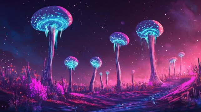 Dreamlike forest with glowing bioluminescent mushrooms under a starry night sky