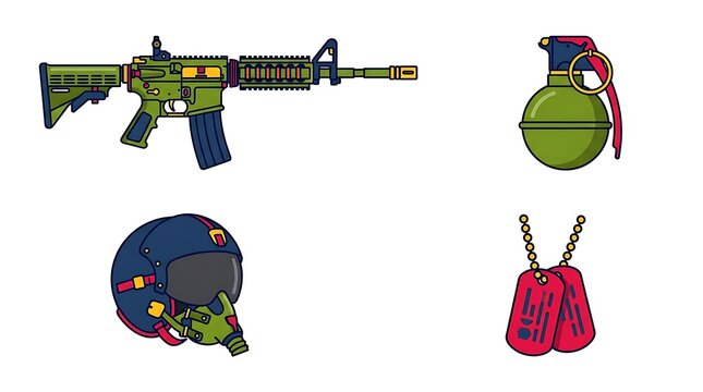 Set of military equipment icons including rifle grenade helmet and dog tags