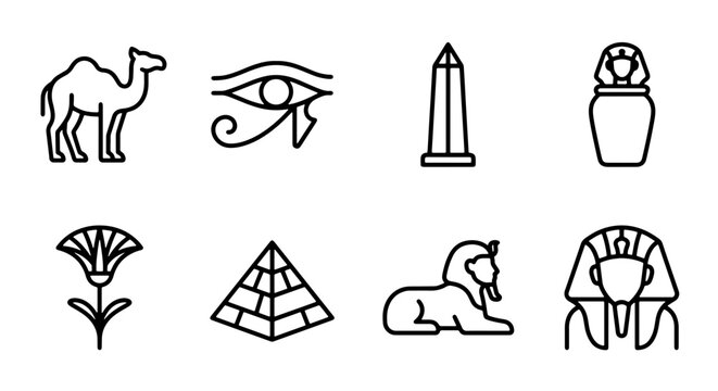 Ancient Egypt Icons: Camel, Eye of Horus, Obelisk, Pharaoh, Lotus Flower, Pyramid, Sphinx
