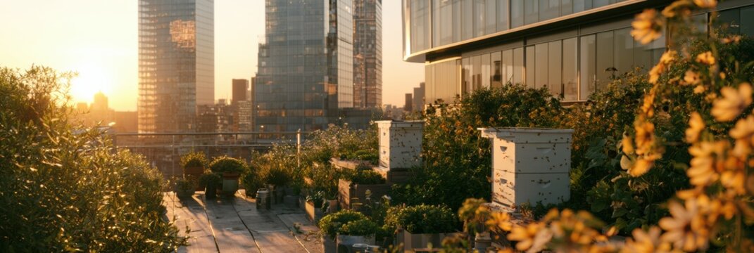 Two white Langstroth hives sit on a rooftop garden surrounded by flowers and herbs at sunset, with skyscrapers in the background.