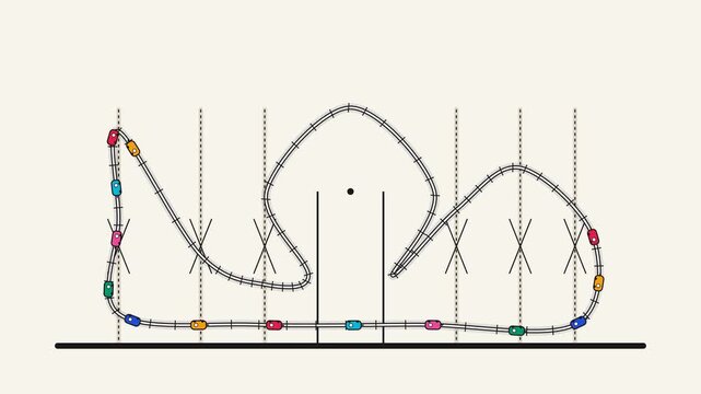 Animated Wireframe Roller Coaster Loop with Colorful Carts