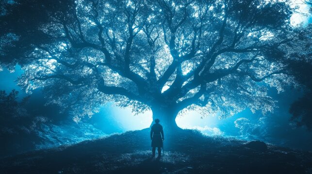 Silhouetted figure under majestic tree in moonlit forest scene