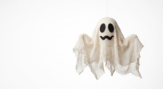 Ghost hangs on white background for party.