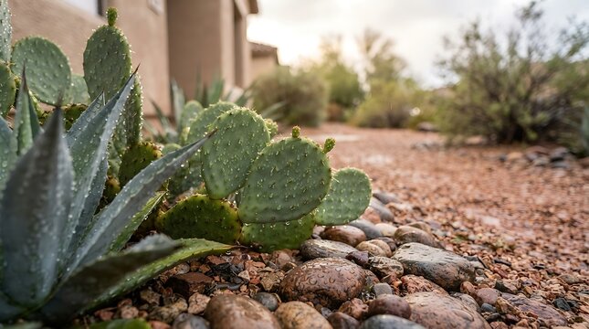 A refreshing rain shower watering the cacti and desert plants in an arizona front yard during a storm