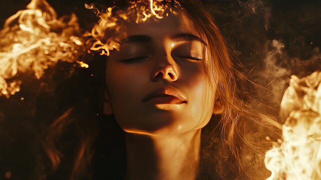 Caucasian young female surrounded by flames in a dramatic portrait