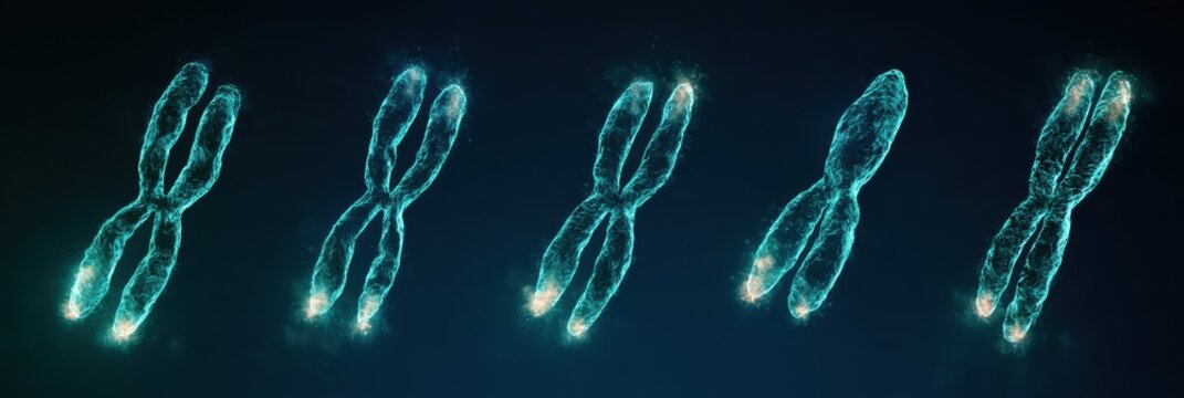 A sequence of five chromosomes with glowing teal telomere caps that shorten from left to right, indicating cellular aging.