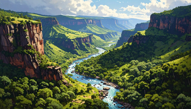 Majestic river carving through a lush green canyon landscape