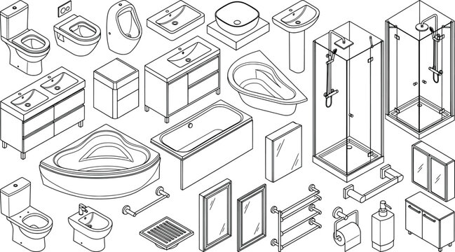 Collection of bathroom furniture and sanitary ware in isometric view, including toilets, sinks, bathtubs, showers, and accessories for 3d interior design