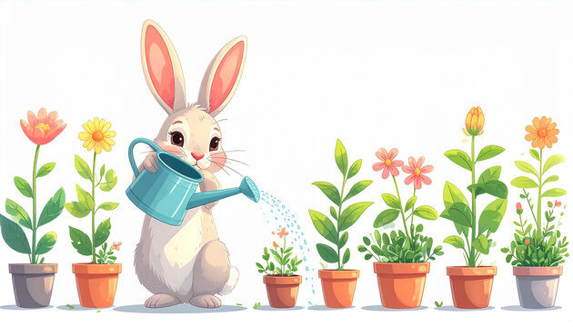 Cute bunny watering plants illustration