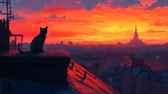 Cat silhouette on rooftop overlooking vibrant city sunset skyline