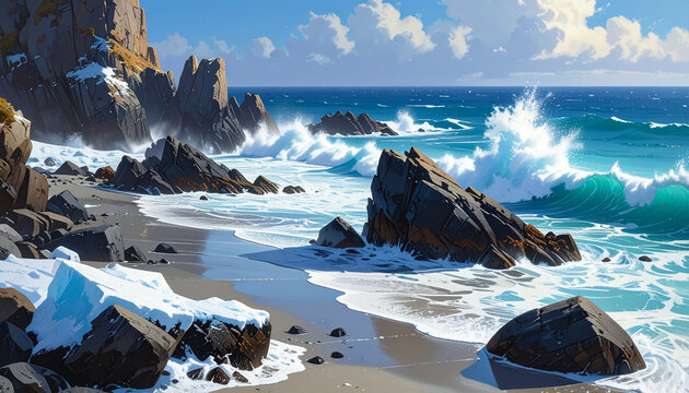 Dramatic coastal cliffs and ocean waves under a blue sky
