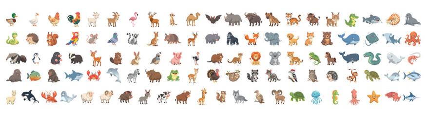 Obraz premium Mega set of cute cartoon wild, farm, and sea animals vector illustration