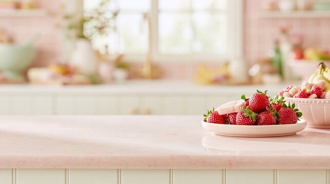 Strawberry fruit on a glossy pink lacquered table surface, featuring a bright kitchen background with copy space for a product mockup