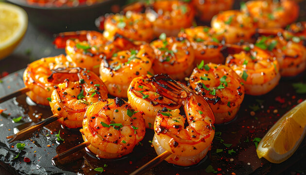 Grilled Shrimp Skewers with Garnish on Dark Slate