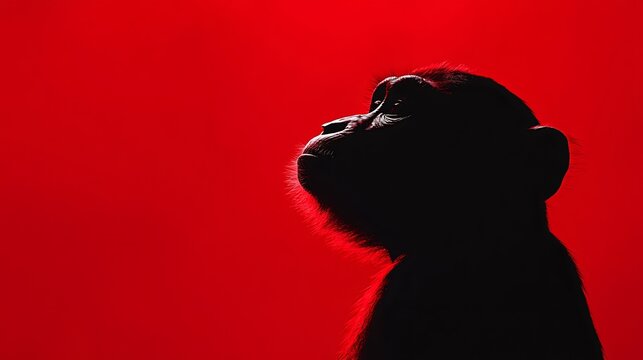 Silhouette of a young chimpanzee against a vibrant red background