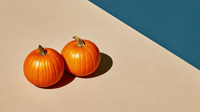 Two orange pumpkins on a warm beige surface with a long dramatic shadow, perfect for autumn harvest and seasonal design copy space