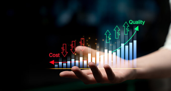 Hand Holding a Rising Graph Depicting Cost Decrease and Quality Increase with Arrows, Business Growth, and Financial Analysis Concept. Bitwise.