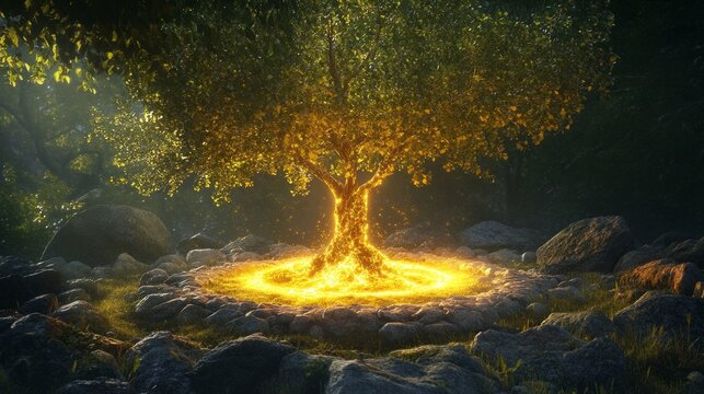 Glowing tree enveloped in magical light amidst stone circle in enchanted forest