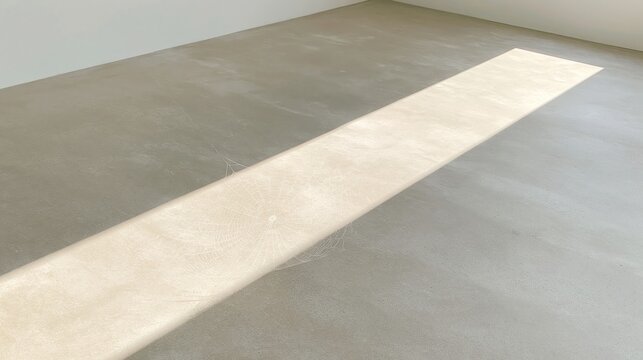 Spider web casting a sharp shadow across a smooth microcement floor, glowing with morning light for a minimal background and copy space