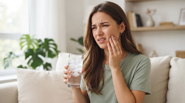Young woman suffering from sensitive teeth feeling sharp pain while holding a glass of cold water with ice cubes in a bright modern living room setting