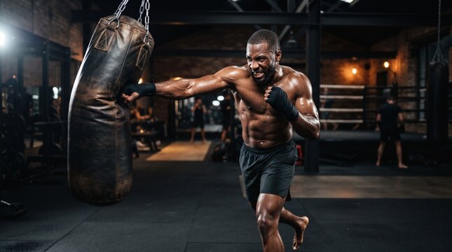 Strong muscular athlete punching a leather heavy bag with intensity inside a dark industrial boxing gym