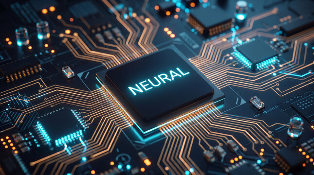 Neural network microchip motherboard with glowing circuit traces and data paths.