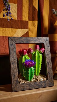 Rustic Wooden Frame Cactus Art