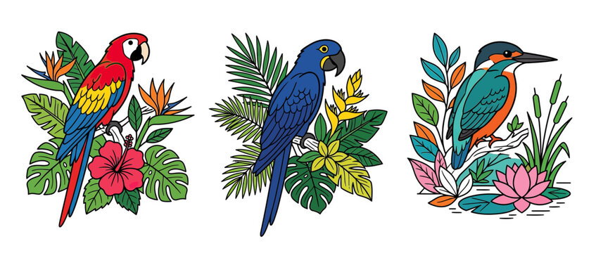 Tropical Birds and Exotic Plants Isolated Illustration