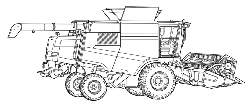 Isolated line art combine harvester on transparent background