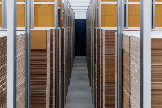 Dense stacks of card tiles in tall columns receding through a dim archive corridor, with textured paper edges for data and organization concepts