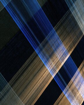 Abstract geometric stripes of luminous blue and golden light overlap on a dark textured plane for modern business and network visuals