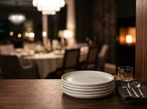 Stacked ceramic plates and cutlery on a wooden table with blurred elegant dining room in background. with copy space or border frame for festive, success, romantic dinner, event celebration commercial