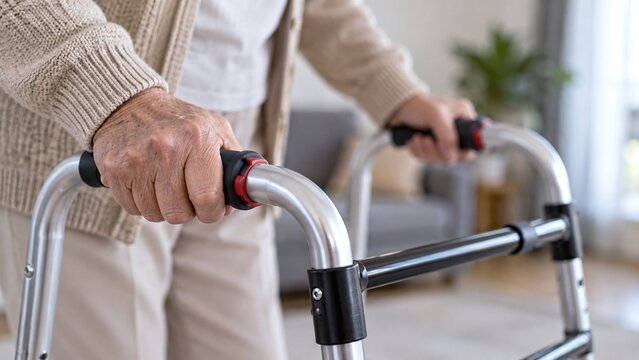 Close up of an elderly woman holding a walking frame, focusing on her hands and the mobility aid for senior care and independence