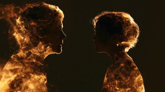 Grandparent and child silhouettes share a warm moment of storytelling. The golden glow represents love and connection in a dark setting.