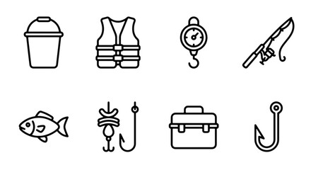 Fishing Icons Set: Bucket, Vest, Scale, Rod, Fish, Lure, Tackle Box, Hook © SantoAli