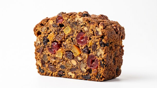 Thick Christmas fruitcake slice packed with dried fruit, citrus peel and nuts, photographed from a low angle to reveal its dense festive interior. Isolated on White background.