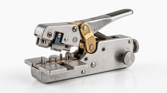 Vintage manual film splicer with brushed metal construction and brass hinge, photographed diagonally to reveal its precise mechanical cutting mechanism. Isolated on White background.