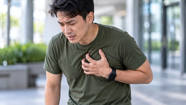 Asian man experiencing sudden chest pain, clutching his chest outside, showing signs of a potential heart attack or cardiac issue