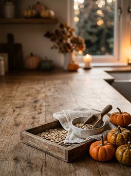 Rustic kitchen counter with pumpkin seeds in wooden bowl and fresh mini pumpkins for healthy seasonal autumn food prep. with copy space or border frame for celebration commercial