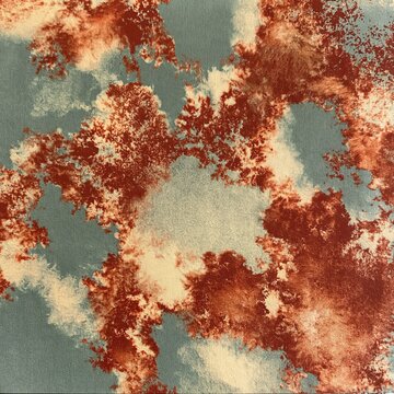 Pigment clouds and granular daubs on fibrous paper, showing a textured blend of teal, red, and yellow for winter stationery and holiday backgrounds