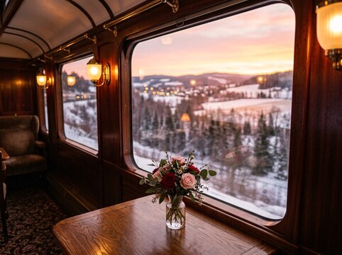 Elegant train compartment with floral bouquet and snowy landscape at sunrise during winter journey. with copy space or border frame for valentine's date celebration commercial