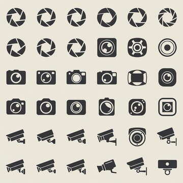 Collection of camera lens aperture and security surveillance icons on light background