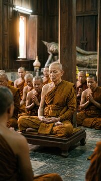 Passing into Nirvana: spiritual enlightenment, Buddhist monk, silent meditation, sacred temple, orange robe, holy sanctuary, divine peace, deep mindfulness, serene prayer, eternal tranquility.