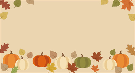 Obraz premium Marco de calabazas y hojas de otoño sobre fondo beige